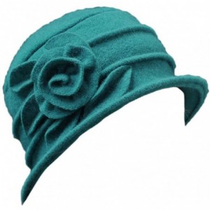 Fedoras Women 100% Wool Solid Color Round Top Cloche Beret Cap Flower Fedora Hat - 1 Green - C4186WYSKET $31.56