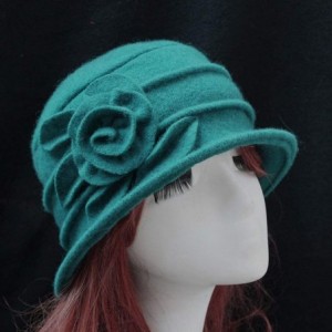 Fedoras Women 100% Wool Solid Color Round Top Cloche Beret Cap Flower Fedora Hat - 1 Green - C4186WYSKET $37.03