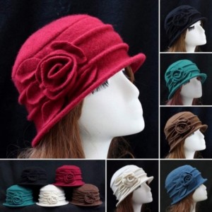Fedoras Women 100% Wool Solid Color Round Top Cloche Beret Cap Flower Fedora Hat - 1 Green - C4186WYSKET $37.03