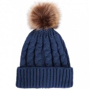 Skullies & Beanies Women's Winter Soft Knit Beanie Hat with Faux Fur Pom Pom - No Fleece Lined_denim Blue - CG12NBYCSE2 $28.40