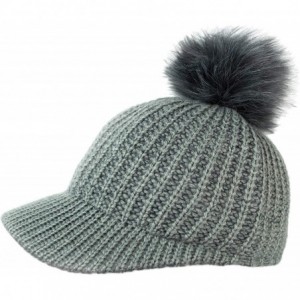 Baseball Caps Ribbed Knit Baseball Cap Hat w/Removable Faux Fur Pom Pom- Adjustable - Grey - C018I86IW5E $22.79