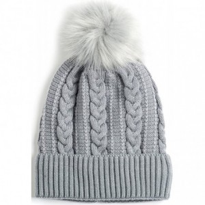 Skullies & Beanies Women Winter Faux Fur Pom Beanie Hat w/Warm Fleece Lined Thick Skull Ski Cap - 2 Pack-gray & Pink - CE180U...