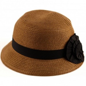 Bucket Hats Womens 100% Paper Straw Ribbon Flower Accent Cloche Bucket Bell Summer Hat - Lt Brown - CX12HN8O351 $18.10