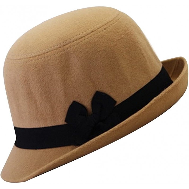 Fedoras Women's Candy Color Wool Rool Up Bowler Derby Cap Cat Ear Hat - Black Bow Khaki - C411PL6Z2LR $20.38