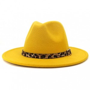 Fedoras Women's Wide Brim Felt Fedora Panama Hat with Leopard Belt Buckle - Yellow - CT18WNL4Z9X $14.28