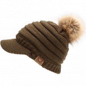 Skullies & Beanies Women's Soft Warm Ribbed Knit Visor Brim Pom Pom Beanie Hat with Plush Lining - Olive - CU18WGRGAMT $16.36