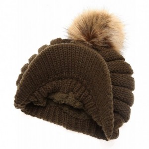 Skullies & Beanies Women's Soft Warm Ribbed Knit Visor Brim Pom Pom Beanie Hat with Plush Lining - Olive - CU18WGRGAMT $26.46