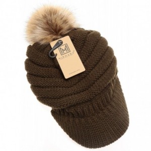 Skullies & Beanies Women's Soft Warm Ribbed Knit Visor Brim Pom Pom Beanie Hat with Plush Lining - Olive - CU18WGRGAMT $26.46