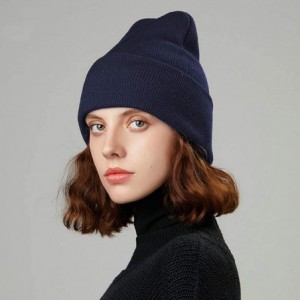 Skullies & Beanies 50% Wool Short Knit Fisherman Beanie for Men Women Winter Cuffed Hats - 5-navy - CD18Z365YZK $19.38