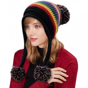 Skullies & Beanies Winter Beanie Hat for Women Warm Fleece Lined Pom Knit Hat Cute Outdoor Skull Cap - Rainbowblack - CD18A08...