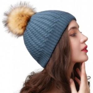 Sun Hats Winter Beanie for Women Warm Knit Bobble Skull Cap Big Fur Pom Pom Hats for Women - 11 Lake Blue - CE18UA4QG90 $27.57