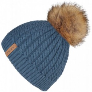 Sun Hats Winter Beanie for Women Warm Knit Bobble Skull Cap Big Fur Pom Pom Hats for Women - 11 Lake Blue - CE18UA4QG90 $24.29