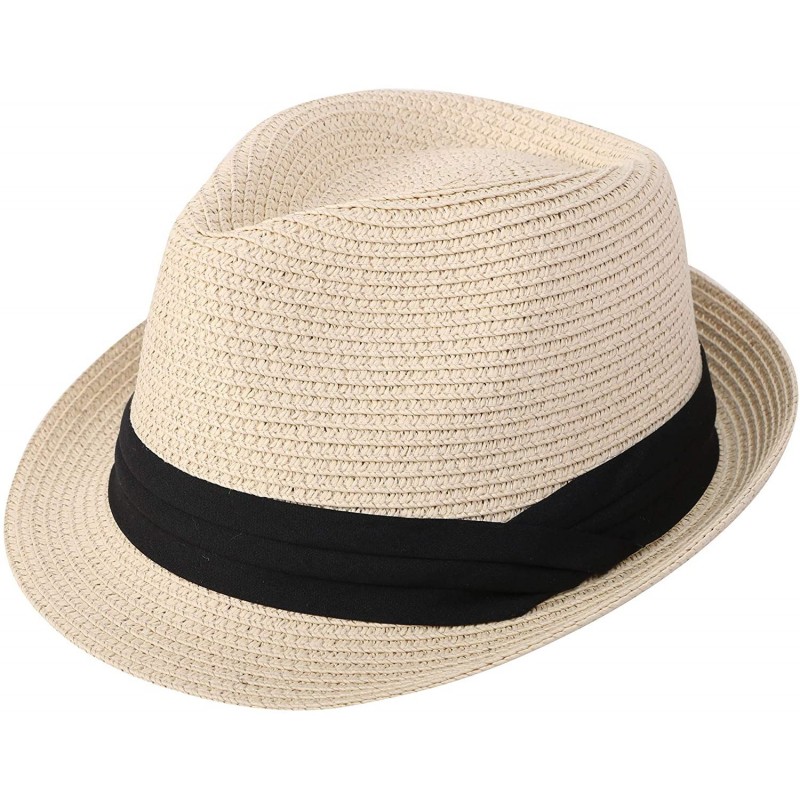 Fedoras Men/Women's Summer Straw Fedora Hat w/Satiny Hat - C717X0MI6D0 $17.48