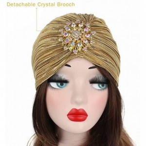 Skullies & Beanies Women's Ruffle Turban Hat Glitter Pleated Stretch Head Wraps Chemo Cap with Detachable Crystal Brooch - Bl...