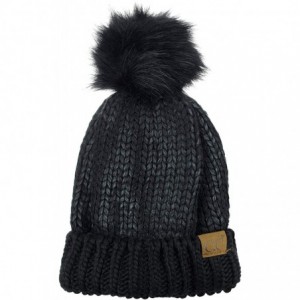 Skullies & Beanies Women's Faux Fur Pom Shiny Metallic Finished Knit Beanie Hat - Black/Black - CD18IQH4UOW $35.87