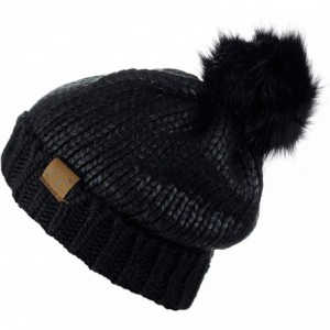 Skullies & Beanies Women's Faux Fur Pom Shiny Metallic Finished Knit Beanie Hat - Black/Black - CD18IQH4UOW $35.87