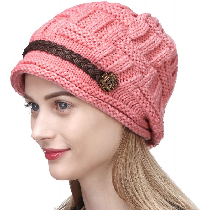 Skullies & Beanies Fashion Winter Warm Knit Beanie Crochet Cap Hat with Leather Strap - Pink - CJ11HSN7KL1 $20.42