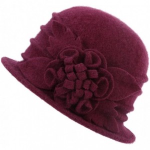 Bucket Hats Women's Winter Wool Cloche Bucket Hat Slouch Wrinkled Beanie Cap with Flower - Wine Red - CO186AMI25N $13.83