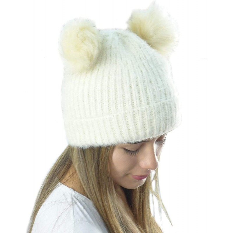 Skullies & Beanies Women's Winter Ultra Soft Knit Beanie Hat with Double Faux Fur Pom Pom - White - CV18L3KAANA $21.37