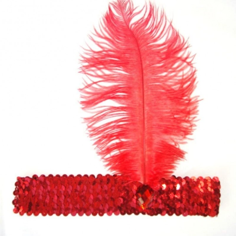 Headbands 20's Sequined Showgirl Flapper Headband with Feather Plume - Red - CN12N23O1UQ $16.59