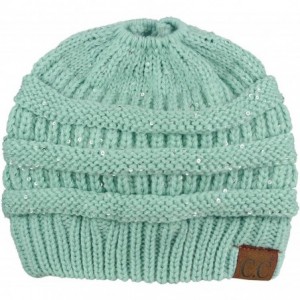Skullies & Beanies BeanieTail Sparkly Sequin Cable Knit Messy High Bun Ponytail Beanie Hat - Mint - CP18HD9GY6R $27.47