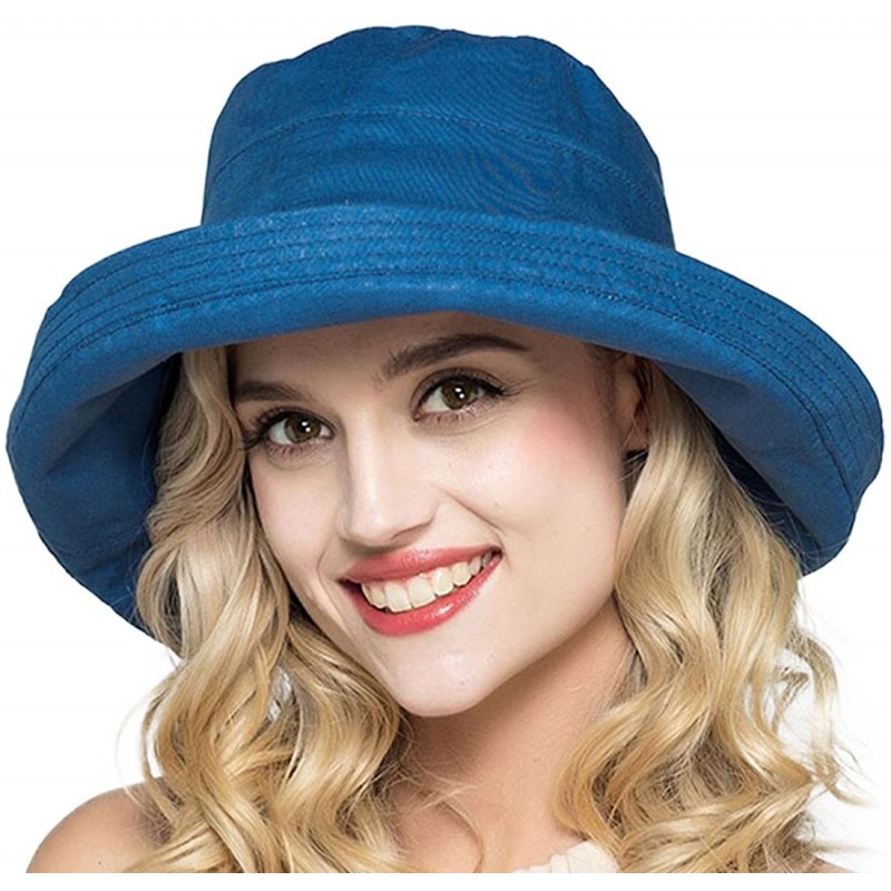 Bucket Hats Women Foldable Wide Brim Fold Up Cotton Sun Shade Hat UPF50+ with Bowtie - Indigo - CS18DU0QTGM $29.93