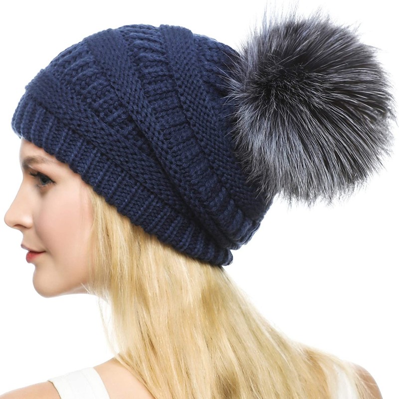 Skullies & Beanies Womens Girls Winter Knitted Slouchy Beanie Hat with Real Large Silver Fox Fur Pom Pom Hats - Slouch Navy -...