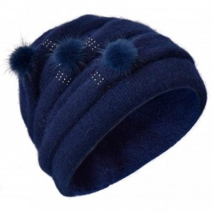 Berets Winter French Beret for Women 100% Angora Wool Classic Beret Beanie - 3 Pom-navy - CO18YX93UDE $20.84