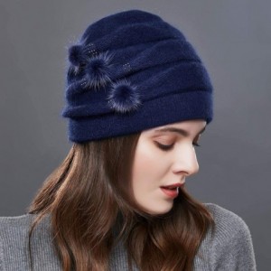 Berets Winter French Beret for Women 100% Angora Wool Classic Beret Beanie - 3 Pom-navy - CO18YX93UDE $37.25