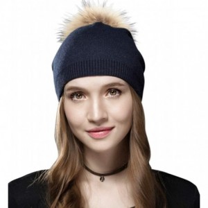 Skullies & Beanies Women Beanie Caps Knit Wool Winter Fur Pom Pom Hat Ski Hats Girls Classic Solid Color Hats - Navy Blue - C...