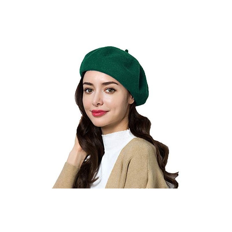 Berets 95% Wool Beret Artist Hat French Hat Casual Solid Color Spring Winter Hat for Women - Dark Green - CA18I5KGTHO $30.39