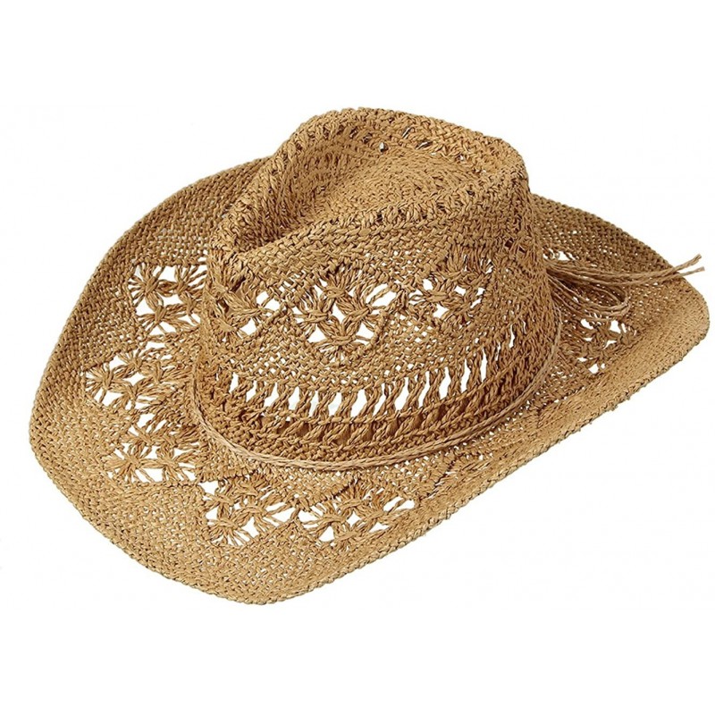 Cowboy Hats Men & Women's Summer Cowboy Cowgirl Straw Hat Hollow Out Woven Roll Up Wide Brim Hat - Brown - CS18QEGNH8R $12.04