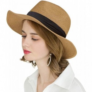 Sun Hats Women Wide Brim Straw Panama Roll up Hat Beach Sun Hat - Khaki - CE194EK8RCC $28.79