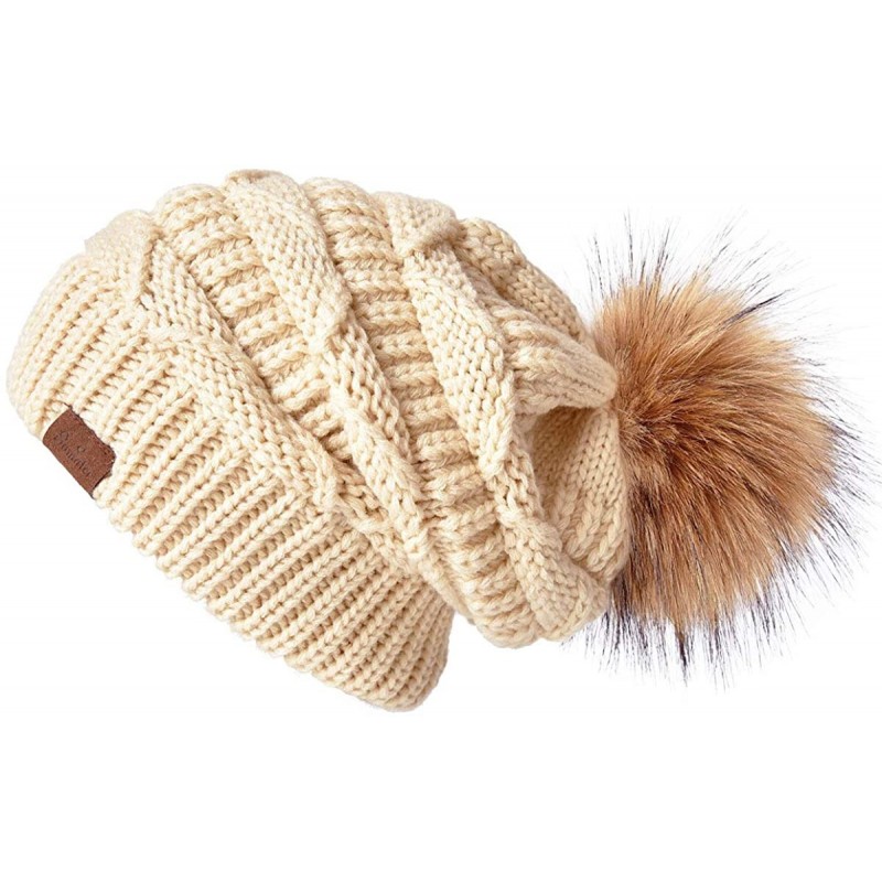 Skullies & Beanies Women Winter Knit Slouchy Beanie Hats with Faux Fur Pom Pom Thick Warm Chunky Baggy hat Ski Cap - CH18X7UC...