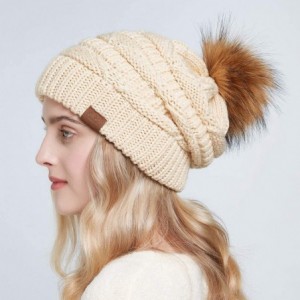 Skullies & Beanies Women Winter Knit Slouchy Beanie Hats with Faux Fur Pom Pom Thick Warm Chunky Baggy hat Ski Cap - CH18X7UC...