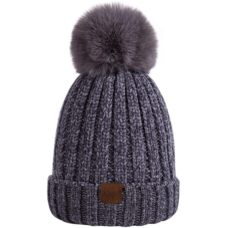Skullies & Beanies Womens Winter Beanie Hat- Warm Fleece Lined Knitted Soft Ski Cuff Cap with Pom Pom - Chenille-dark Gray - ...