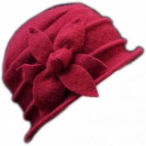 Bucket Hats Flower 100% Wool Dome Bucket Hat Winter Cloche Hat Fedoras Derby Hat - Wine Red - CG1895X8G95 $27.76