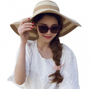 Sun Hats Womens Foldable Wide Brim Roll-up Straw Hat Beach Big Sun Cap UPF 50 - Khaki Stripe - CB18W5633YN $31.16