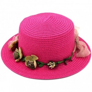 Sun Hats Women Summer Straw Boater Hat Beach Round Top Caps Wedding Flower Garland Band - Rose Red - C4183O8Q2ES $20.26