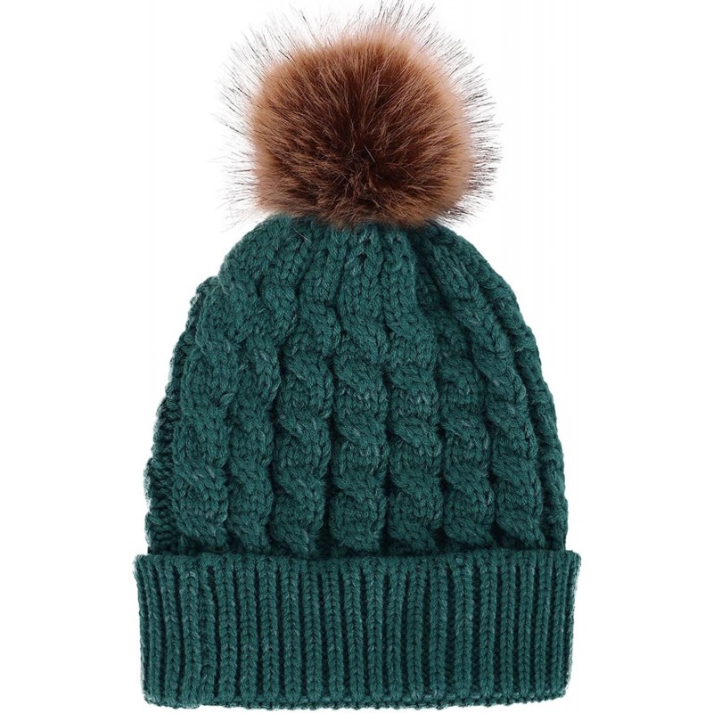 Skullies & Beanies Women's Winter Soft Chunky Cable Knit Pom Pom Beanie Hats Skull Ski Cap - Green - CM188AO4940 $31.46