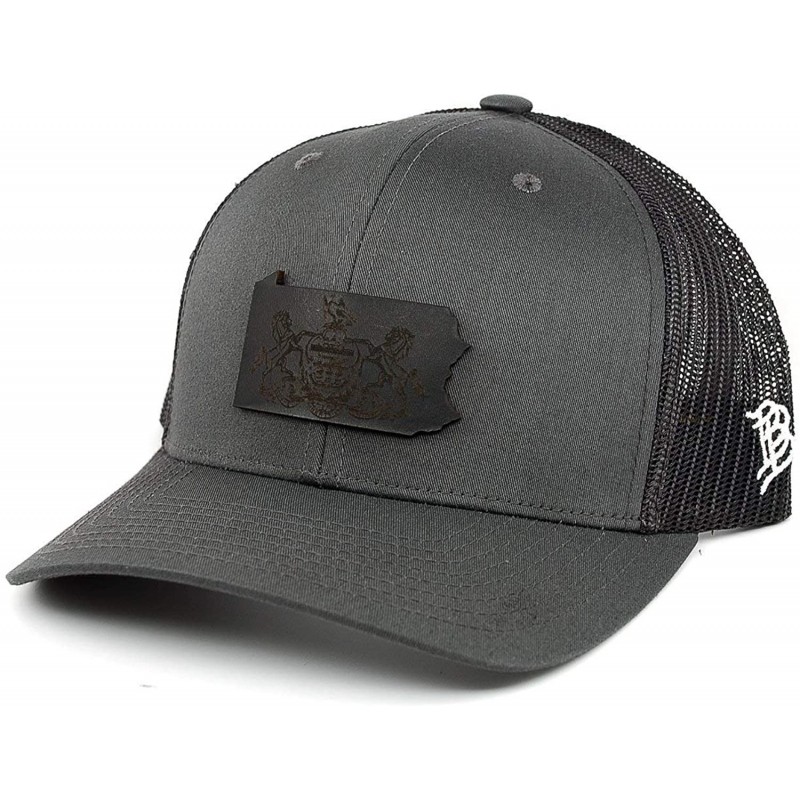 Baseball Caps Pennsylvania 'Midnight 2' Black Leather Patch Hat Curved Trucker - OSFA/Charcoal/Black - C018K2SCU3G $81.57