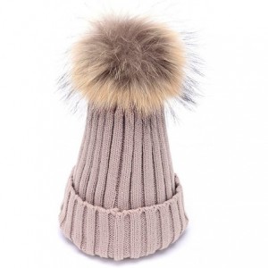 Skullies & Beanies Womens Girls Knitted Fur Hat Real Large Silver Fox Fur Pom Pom Beanie Hats - Khaki(real Raccoon Fur) - C61...