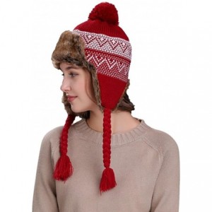 Skullies & Beanies Women Knit Wool Beanie Hat Winter Warm Ski Cap with Ear Flaps - Wine - CQ187NQKNDQ $18.88