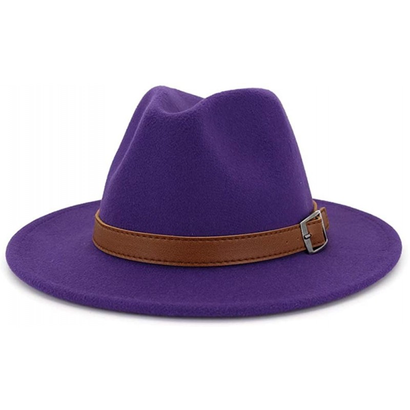 Fedoras Classic Men & Women Wide Brim Fedora Panama Hat with Belt Buckle - Purple - CV192KL9ANT $28.15