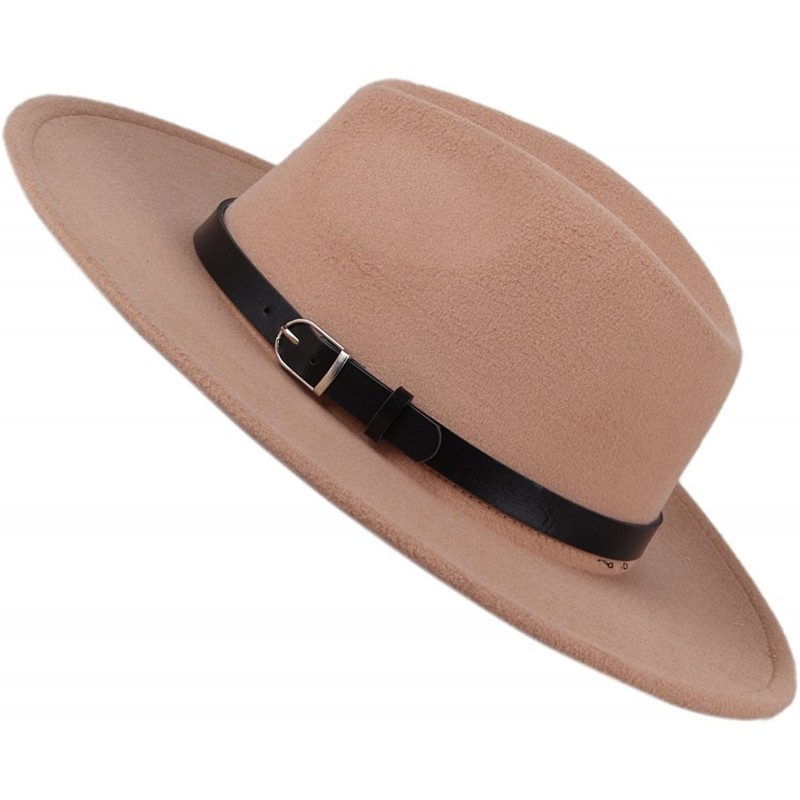 Women's Wide Brim Wool Fedora Panama Hat with Belt - Camel - C3128RSHYCZ