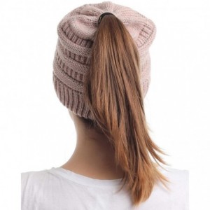 Skullies & Beanies Ponytail Messy Bun Beanie Tail Knit Hole Soft Stretch Cable Winter Hat for Women - 3 Tone Pink - CY18X4L46...