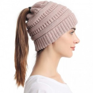 Skullies & Beanies Ponytail Messy Bun Beanie Tail Knit Hole Soft Stretch Cable Winter Hat for Women - 3 Tone Pink - CY18X4L46...
