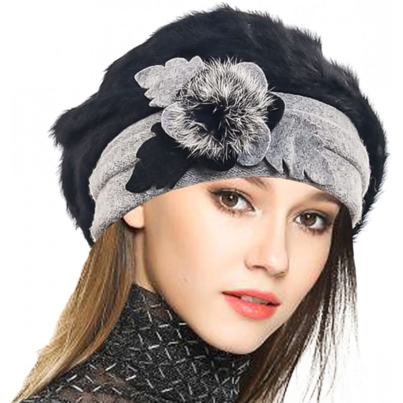 Berets Lady French Beret 100% Wool Beret Floral Dress Beanie Winter Hat - Angola-black - CC12OB9J69O $34.55