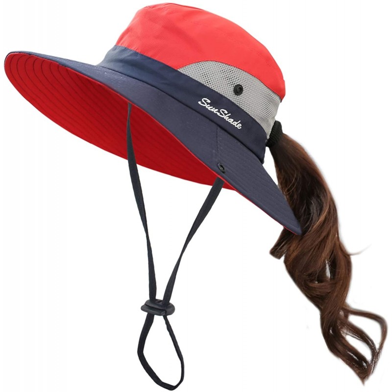 Sun Hats Women's Summer Mesh Wide Brim Sun UV Protection Hat with Ponytail Hole - Red / Navy - CA18NISQE30 $27.11