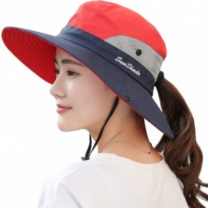 Sun Hats Women's Summer Mesh Wide Brim Sun UV Protection Hat with Ponytail Hole - Red / Navy - CA18NISQE30 $31.57